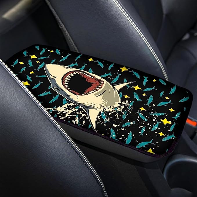 Shark Print Arm Rest Cover for Car Non Slip Car Center Console Cover Shark Car Interior Accessories Non Slip Armrest Cushion Protector Fit Most SUV Trucks Van Vehicle