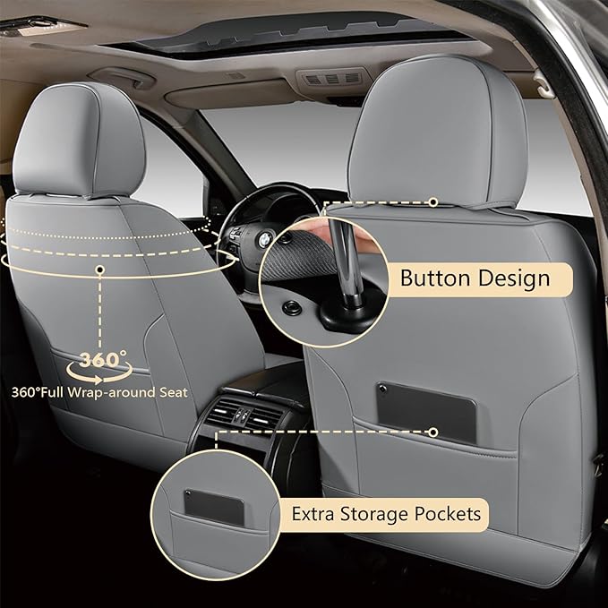 FLORICH Car Seat Covers Front Seats, Luxury Waterproof Faux Leather Seat Covers Cushion, Car Seat Protectors Universal Fit for Most 5 Seats Vehicles - Gray