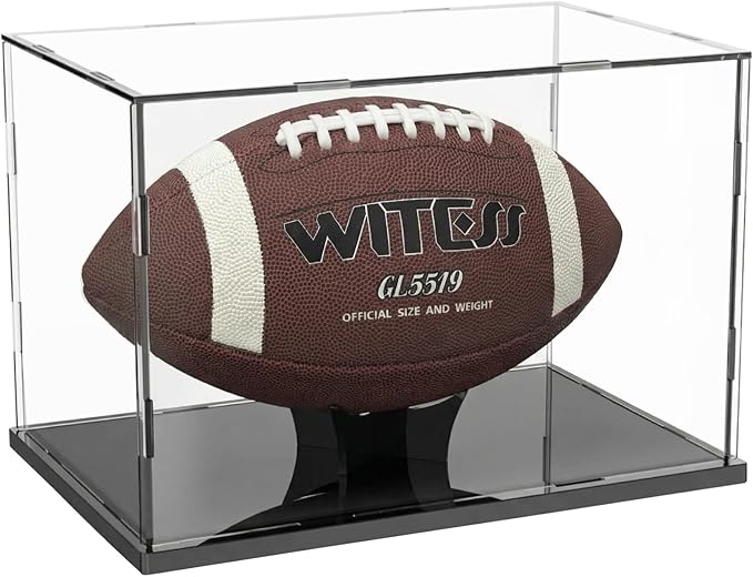 Acrylic Football Display Case with Ball Holder Base – a Memorabilia Showcase Storage Box Designed for Full-Size Football Collectibles. Perfect for Sport Lovers to Display Their Footballs