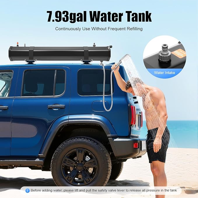 Portable Water Tank for Camping, 30L/7.93gal Self-Pressurized Water Tank, Roof Rack Mount Road Shower with Shower Head and Storage Bag, Car Camping Shower for SUVs, Sedans, RVs, Trucks
