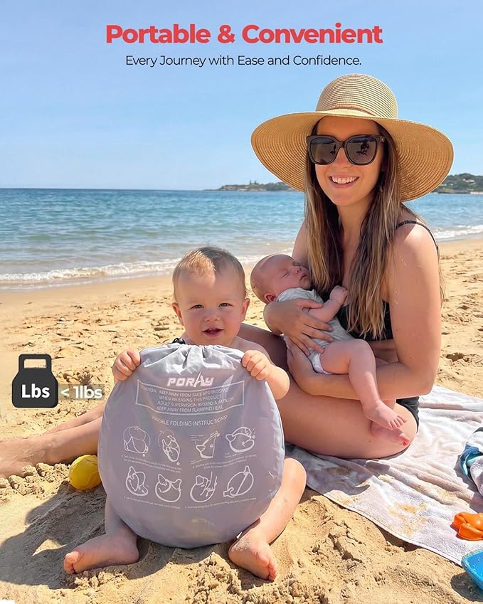 Poray Portable Baby Beach Tent with UPF 50+ Sun Shelter,Mosquito Net and Sunshade, Ideal Pop Up Kids Travel Tent with Carry Bag & 2 Stakes,Outdoor Indoor Play and Sun Protection