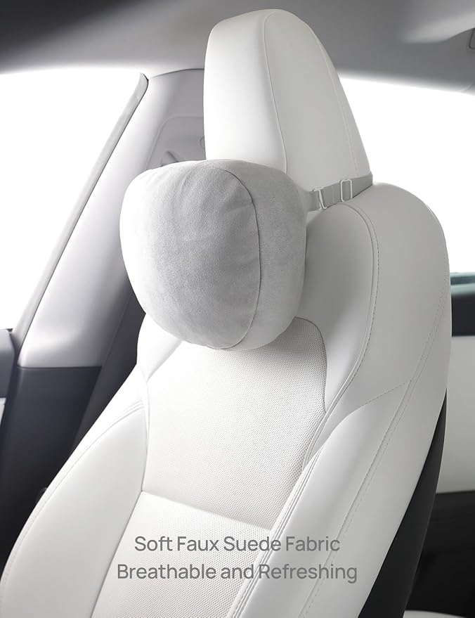 TPARTS Headrest Neck Pillow for Tesla Model 3/Y/X/S, Soft Faux Suede Fabric Car Neck Support Pillow Cushion for Traveling (Filled with Dupont Sorona Fiber)-Set of 2 Gray
