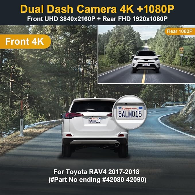Fitcamx Front 4K+Rear 1080P Dash Cam Adapts for Toyota RAV4 2017 2018 (Part No #42080/42090), Integrated OEM Look, Dual HD Video, WiFi & APP, Loop Recording, G-Sensor, Easy to Use, 128GB Card