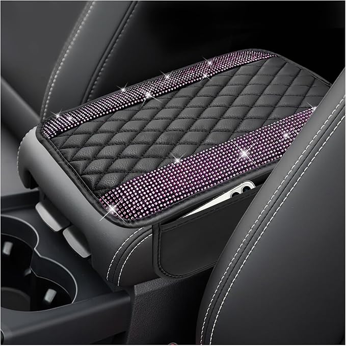 Sun Walker Bling Car Center Console Cover, Anti-Scratch Car Armrest Seat Box Cushion Pad with 2 Storage Bags, Leather Middle Console Protector Crystal Interior Accessories for Most Cars (Pink)