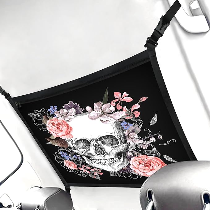 Skull Car Ceiling Cargo Net Pocket Hanging Storage Bag with Zipper 31.5"x21.6" Double-Layer Mesh Car Roof Storage Organizer Long Road Trip Truck SUV Travel Camping