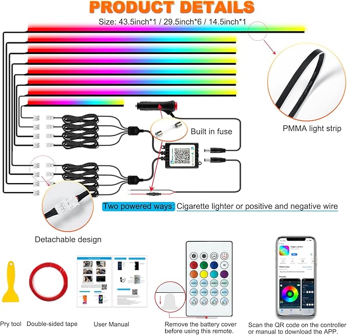Jushope Interior Car LED Strip Lights, Acrylic LED Lights for Car with Dynamic Dreamcolor Chasing, Ambient Lighting Kits Music Sync Wireless APP and RF Remote Control (8 in 1)