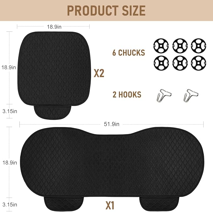 Linen Car Seat Covers, Black Back Seat Cover for Cars Include 1 Pair Front Car Seat Cover Protectors with Breathable Linen and Non-Slip Bottom Universal Fits SUVs,Cars,Sedans (Black)