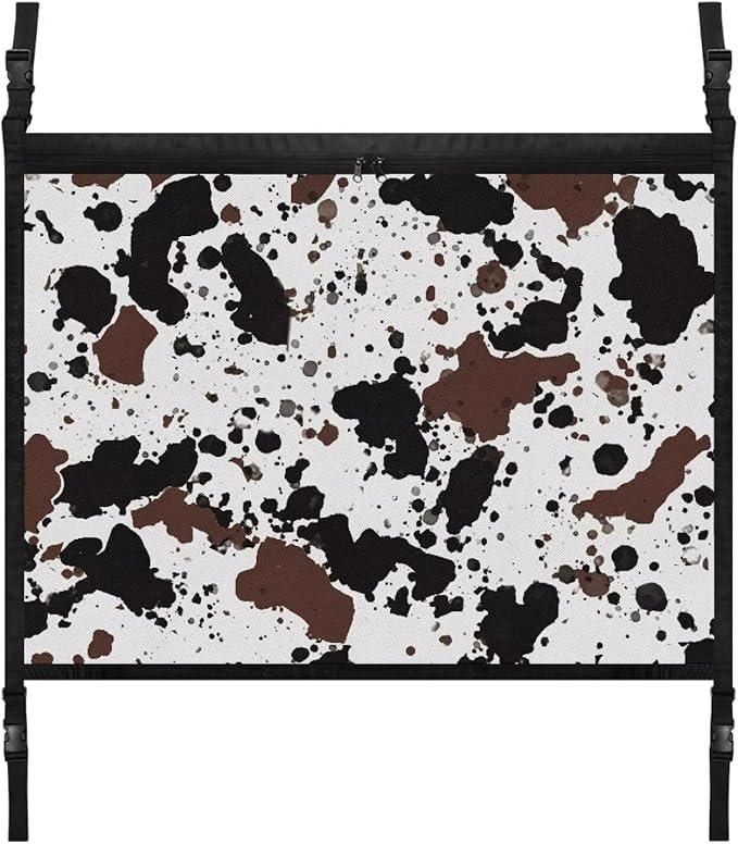 Generic Cow Print Car Ceiling Cargo Net Pocket, 31.69"x24.02" Adjustable Mesh Roof Organizer, Long Trip Storage Bag, Universal Car Ceiling Storage Net Truck Pocket with Zipper Buckle