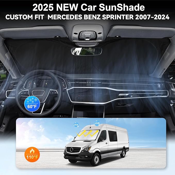 Custom Fit Benz Sprinter Windshield Sunshade for 2007-2025 2026 Mercedes Benz Sprinter Freightliner Cargo Crew Passenger Motorhome Accessories Window Shades Cover for Windshield Sun Visor Blocks UV