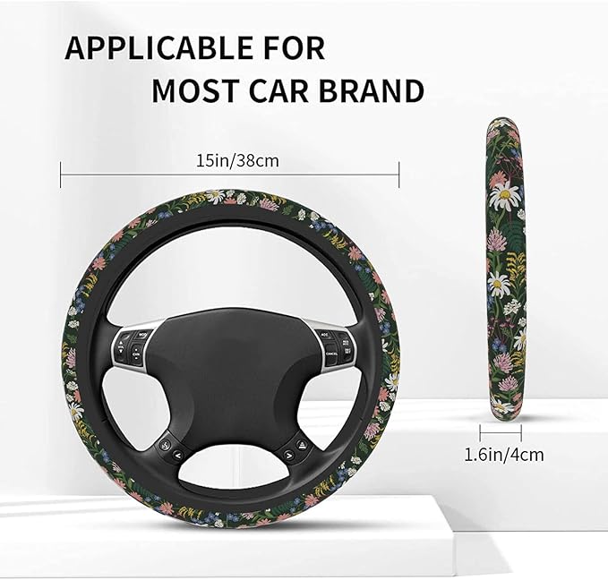 Car Steering Wheel Cover for Women Men, Non-Slip Sage Green Wild Flowers Steering Wheel Protector, Universal 14"-15" Fit for Cars, SUVs, Trucks (Sage Green Wildflowers)