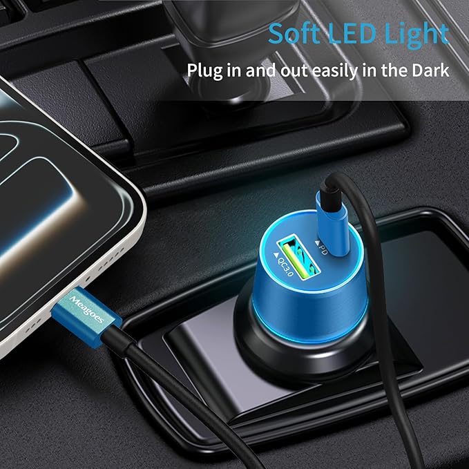 67.5W Blue Car Charger USB C Super Fast Charging, 45W USBC&QC3.0 Port Plug for iPhone 17 Pro Max/Air/16/15/iPad, Samsung S26 Android Cell Phone, Dual 12V Cigarette Lighter Adapter+ 3.3ft Type C Cable