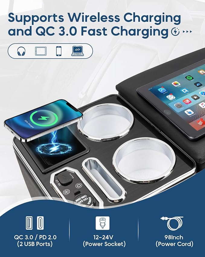 Upgraded Center Console, Wireless Charging Phone Holder & Cup Holders Armrest Organizer for Car Minivan Truck Van, Universal Rear Bench Seat Storage Box with 7 Modes LED Light