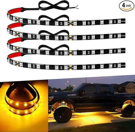 Car Led Strip Lights 12" Connectable Amber LEDs Light Strips for Cars Motorcycle Golf Cart Boat Marine Waterproof 12V Led Light Strip, 4Pack