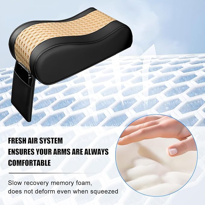 Car Armrest Cushion, Soft Memory Foam Leather Vehicle Armrest Pillow with Storage Bag, Multifunctional Automotive Interior Center Console Arm Rest Pad, Universal for Most Vehicles (Beige)