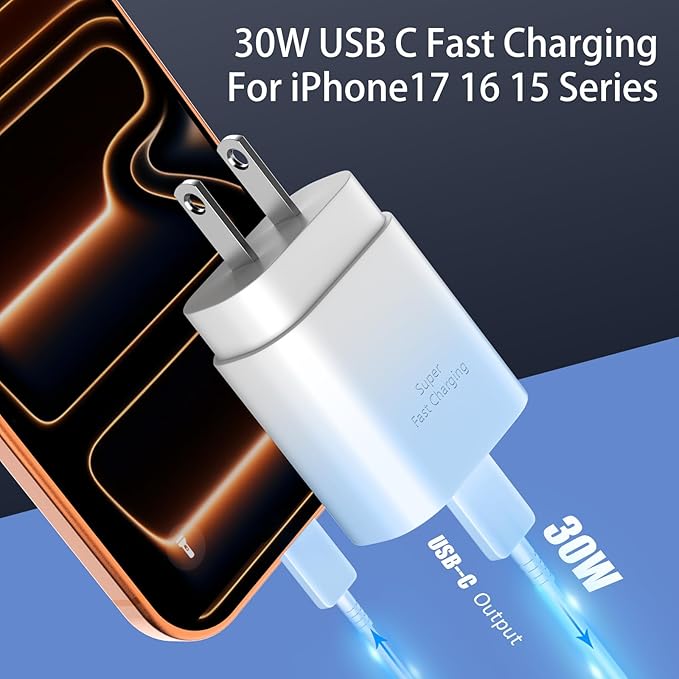 Phone 17 16 15 Charger Fast Charging,30W USB C Phone 17 16 15 Pro Max Charger Block&10FT Long Type C Cable Cord for i.Phone 17/Air/17 Pro/17 Pro Max/16/16 Pro/16 Pro Max/15/15 Pro Max,Blue Gradient