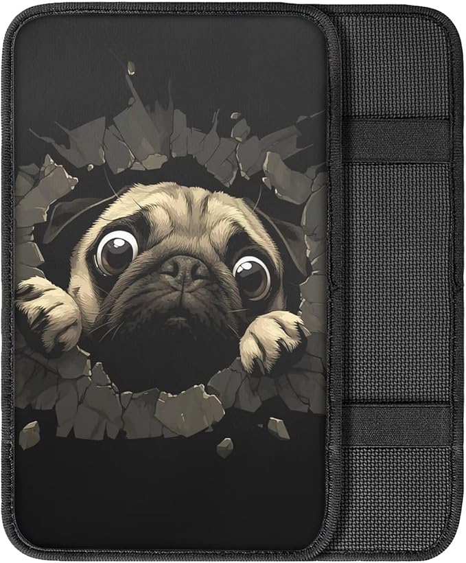 Funny Pug Car Center Console Armrest Pad Cute Dog Car Center Console Cover Dustproof Car Accessoriess Seat Box Pad for Auto Sedan, Van, SUV, Truck