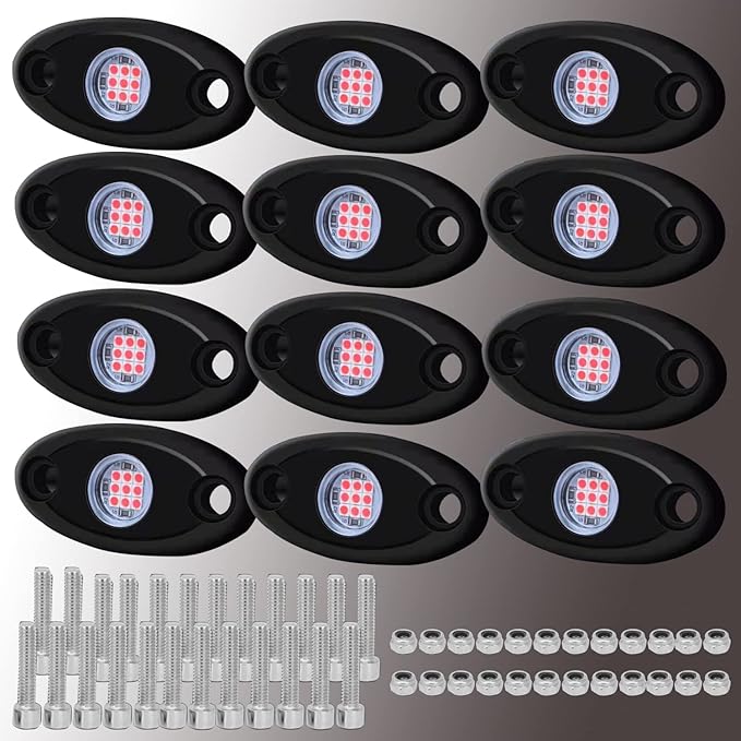 12 Pods Red LED Rock Lights Neon Underglow Light for Car Truck ATV SUV Under Body Glow Light Trail Fender Lighting