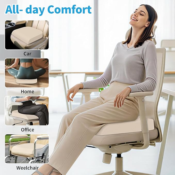 XLarge Seat Cushion, Memory Foam Cushion for Long Sitting Hours on Office Chair, Home & Car, Non-Slip Chair Pad for Relieving Back & Sciatica & Hip & Coccyx Pain (Khaki)