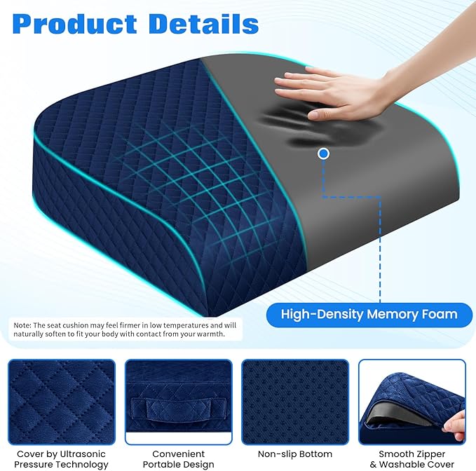 Seat Cushion for Office Chair, Memory Foam Chair Cushions, Car Seat Cushion for Long Sitting, Desk Chair Cushion for Pressure Relief, Non-Slip Bottom, Washable Cover, X-Large, Blue