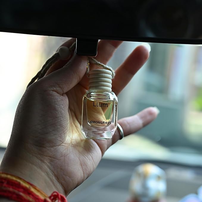 Llum Lemongrass Hanging Car Air Freshener – Luxury Automotive Perfume Diffuser 10ml (0.34 fl oz), Long-Lasting Fragrance, Alcohol-Free Non-Toxic Scent, Glass Bottle With Wood Cap & AC Vent Clip