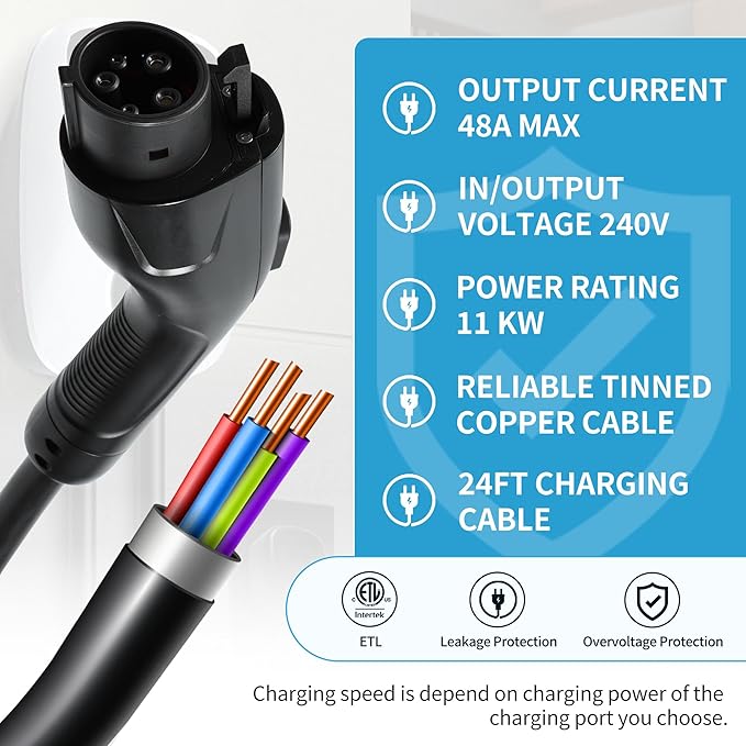 Level 2 EV Charger 240V/48A J1772 Electric Vehicle Charger NEMA 14-50 Plug Charging Station w/for Tesla Adapter w/App Control RFID Card WiFi 24Ft Cable Indoor/Outdoor Fast Charger