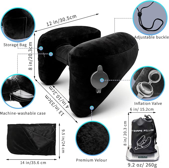 H-Shaped Travel Pillow with Snap-On Hood – Ergonomic Neck Support with Plush Velvet Cover, Instant Inflation & Compact Bag – for Airplane, Car, Office & Long Trips (Black)