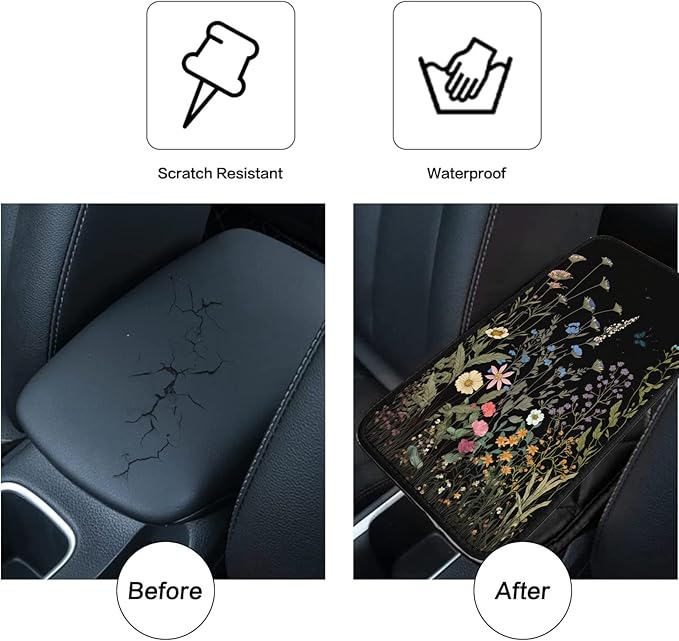 Car Armrest Cover Pads Universal Fashion Cute Auto Center Console Armrest Cover Pad with 2PCS Car Coasters Soft Waterproof Car Armrest Seat Protector for Women Girls, Wildflowers