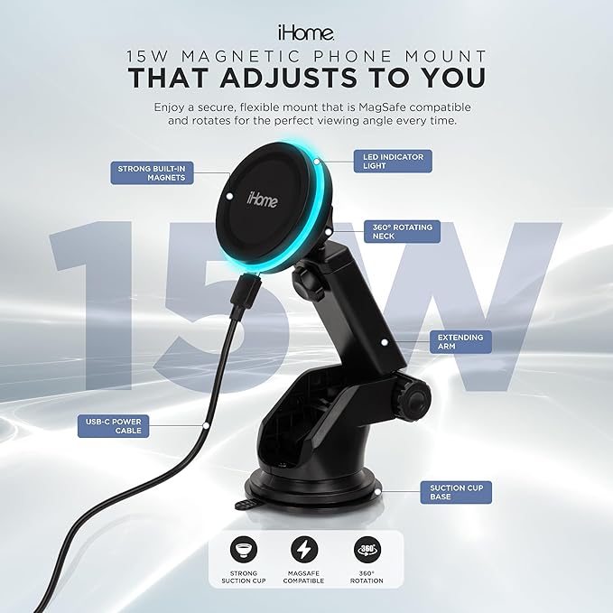 iHome Car Mount, Dashboard/Windshield/Vent Mount, Swivel Neck, Silicone Grip, Adjustable Mount Arm with Suction Cup Base (Magnetic Charging Car Mount)