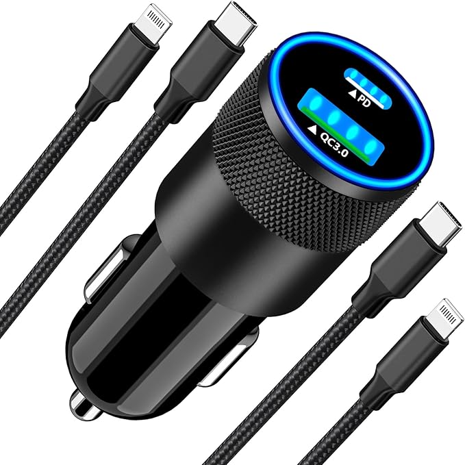 Rombica [Apple MFi Certified] iPhone Fast Car Charger, 52.5W USB-C PD&QC3.0 Car Power Cigarette Lighter USB Charger Adapter with 2Pack Lightning Braided Cable for iPhone 14 13 12 11 XS XR X 8 SE iPad