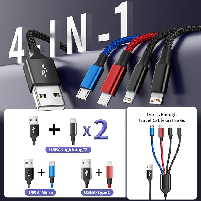 IDISON Travel 4 in 1 Multi Charging Cable with Dual IP/Type C/Micro USB, 2Packs 5FT Car Accessories iPhone Charger Cord for Multiple Devices, Universal USB Cable for iPhone17-8/iPads/Tablets and More