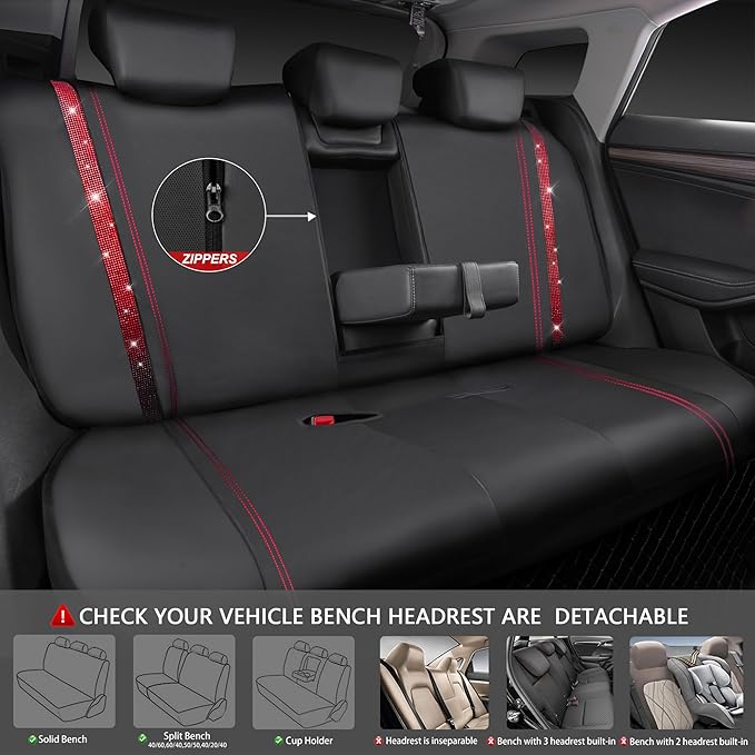 CAR Pass Bling Car Seat Covers Full Set, Shining Rhinestone Diamond Waterproof Faux Leather, Rear with Zipper, Universal Fit Automotive Glitter Crystal Sparkle Strips for Women Girl, Black Red