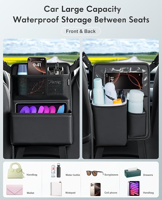 FLORICH Car Organizer Storage Between Seats, Premium Leather Car Mesh Organizer with Waterproof Cup Holder, Car Hanging Storage Bag Pocket Between Seats