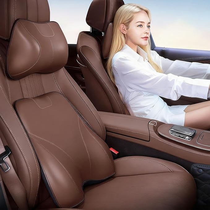 Memory Foam Car Headrest Neck Pillow Lumbar Support Cushion for Tesla Model Y/3/X/S BMW X3 X5 Lexus TX350 NX350 350h RX350 Volvo XC60 XC90 for Long Trips Driving Home Office(Brown)