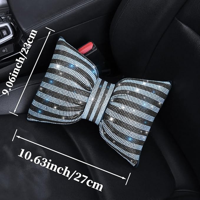 Car Seat Head-Rest Pillow Bow Automobile Neck Headrest Cushion Bling Bling Rhinestones Diamond for Automotive Accessories Girls and Women Neck Support Interior White-Black 2Pcs