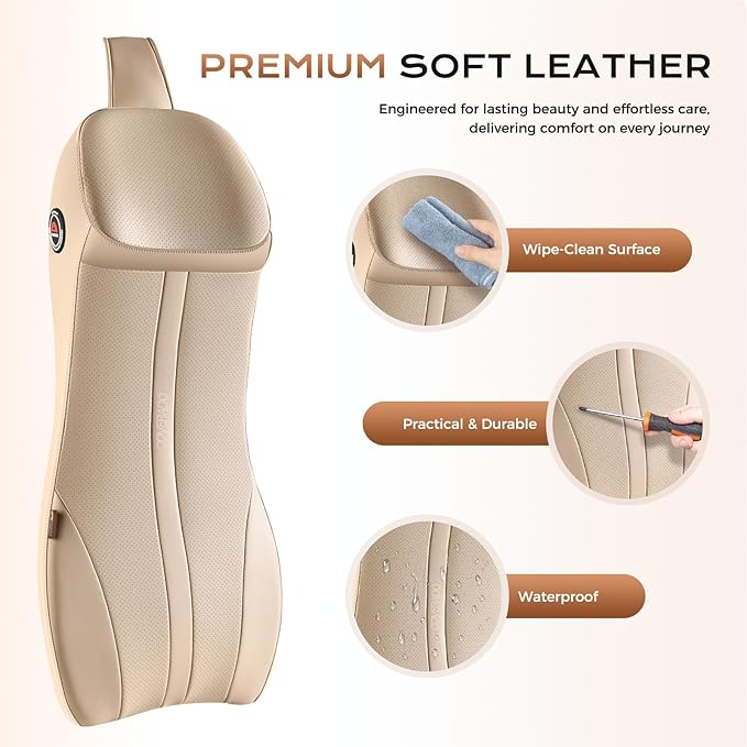 Coverado Upgraded Lumbar Support Headrest Pillow One Piece, Ergonomic Memory Foam Car Neck Pillow & Back Support with Adjustable Straps, Soft Leather Cushion for Back Neck Sciatica Pain Relief, Beige