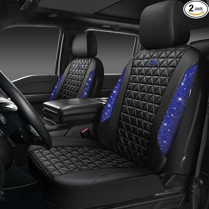 CAR PASS Bling Diamond Black Leather Car Seat Covers for 2 Front Interior Sets, Waterproof Shining Glitter Sparkly Crystal Universal Armrest Fit Automotive Truck SUV Cute Women Girl, Blue Rhinestone