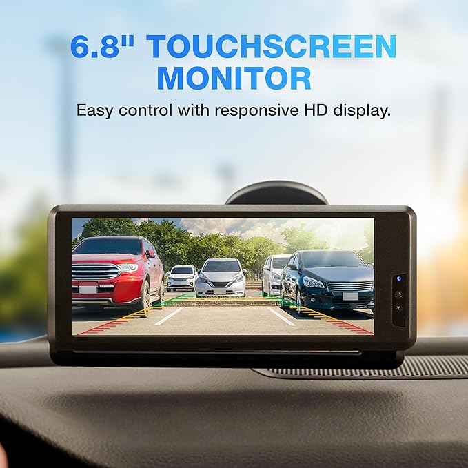 Type S Solar Powered Parking Assistant Set with Wireless Dual Backup Cams, 6.8'' Touchscreen Monitor, 720p HD Resolution, Enhanced Night Vision, Wide View Angle, Self-Charging, No Hardwire
