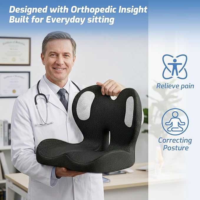 Seat Cushion,Memory Foam Chair Cushion for Office and Car,Ergonomic Coccyx Seat Cushion for Tailbone,Sciatic Nerve,Back Pressure Relief,Lumbar Support Pilow for Office,Car,Truck,Desk Chair