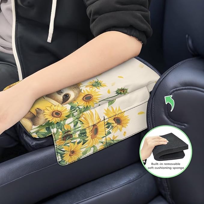 Dreaweet Car Console Covers with Pockets Cute Sunflower Sloth Arm Rest Cover for Car Women Thick Car Armrest Cushion Pad Universal Fit Most Vehicle SUV Trucks Sedan Van