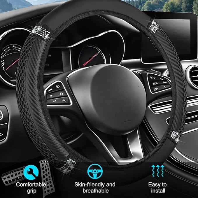 Bling Car Steering Wheel Cover, 15 Inch Elastic Stretch Crystal Rhinestone Vehicle Steering Wheel Protector, Anti-Slip Auto Interior Protective Cover, Universal for SUV RV Truck (Black)