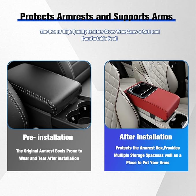 Car Center Console Armrest Pillow, Vehicle Armrest Seat Box Cushion Pad with Cup Holder & Phone Holder, Comfortable Auto Middle Console Cover, Universal for SUV RV Truck (Wine Red)