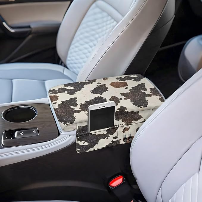 Arm Rest Cover for Car Center Armrest Protector Soft Console Pad, Cow Hide Print Soft Auto Center Console Cushion for Most Car Decoration Protector