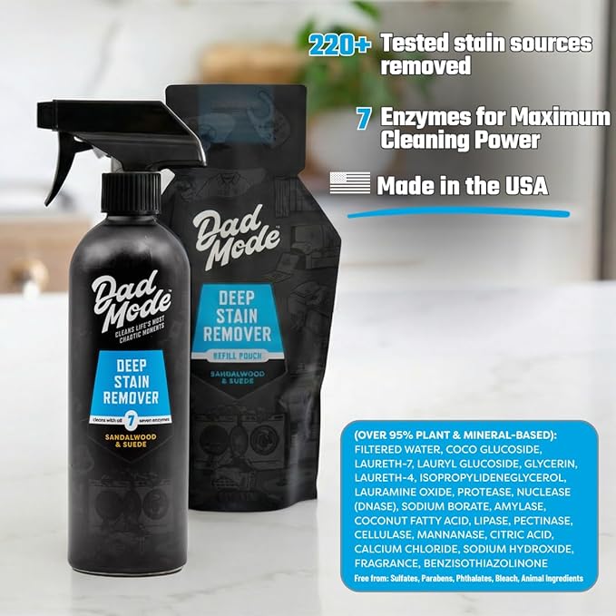 DadMode Laundry Stain Remover | 7-Enzyme Spray for Deep, Aged, Set-In Clothing Stains | Enzyme Booster Cleans Bodily Fluids, Oil, Wine, Turmeric | Sandalwood & Suede | 16oz Bottle + Refill Pouch