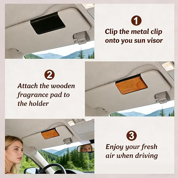 Car Air Freshener, Wood Air Freshener, Car Odor Eliminator for Visor Clip, Variety Pack- CLIP INCLUDED (Amber-Grove-Pine-Honey Peach)