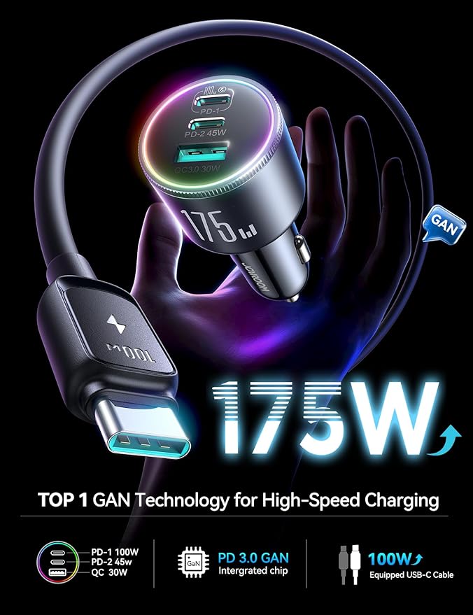 JOYROOM 175W Car Charger USB C Fast Charge [GaN] 3-Port Type C Super Fast Car Charger with USBC Cable, Car Cigarette Lighter Adapter for iPhone 17/16/15 Series, Galaxy S26/25, MacBook, iPad and More