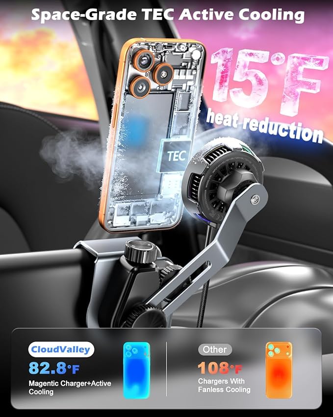 CloudValley 25W Wireless Charger Phone Mount for Tesla Model Y/3 with RGB Lighting, Magnetic Extendable Metal Car Holder with Cooling Fan & 45W Adapter, Design for iPhone MagSafe 17/16 Pro Max