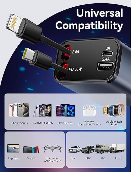2Pack 4 in 1 Retractable Car Charger, 69W USB C Car Accessories Adapter for iPhone 17 USB C Charger Fast Charging,Truck Accessories,Travel Essentials Gifts for Women Men, for iPhone 16 15 14, Galaxy