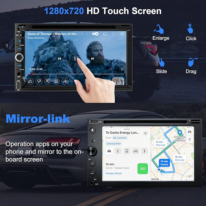 Double Din Car Radio Stereo with 7-Inch Touch Screen, Support CD/DVD Player,Wireless&Wired CarPlay/Android Auto, Bluetooth 5.2, Backup Camera Included, USB/TF/AUX, FM/AM Radio, EQ