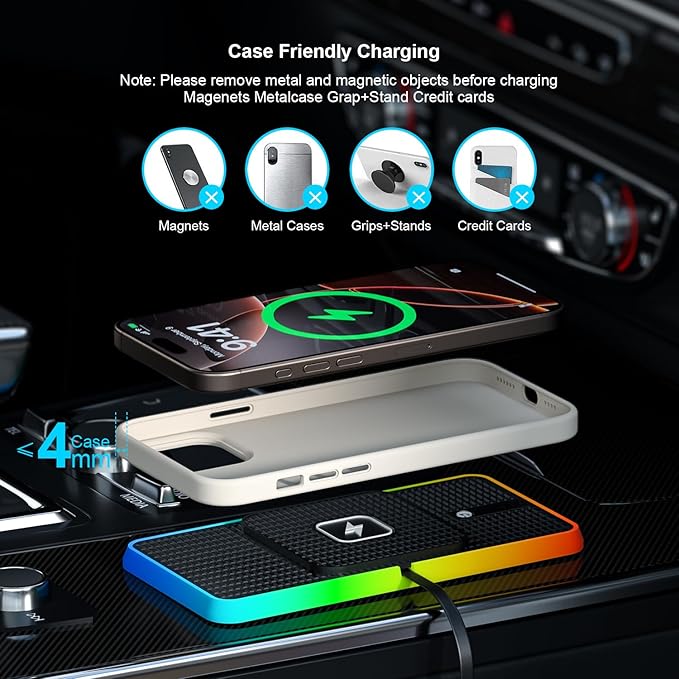 Wireless Charger Car Charging Pad,POLMXS 15W Wireless Phone Charger,RGB Cell Phone Cordless Charging Mat Compatible with iPhone 16/15/14/13/12 Galaxy S23 S22 S21 Note10(k1)