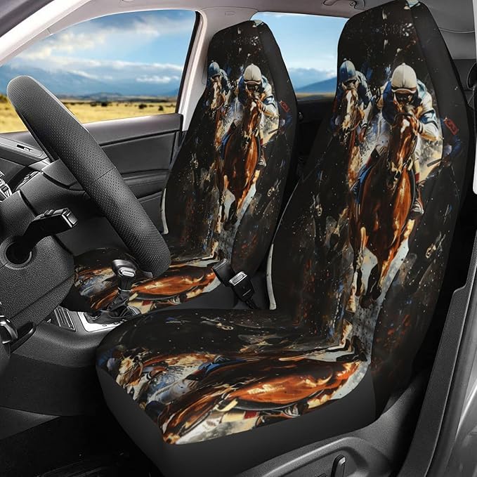 Delerain Car Seat Covers Set 2Pcs, Horse Racing Universal Front Car Seats Vehicle Enterior Protector Suitable Fits Most Car Auto SUV Sedan Truck
